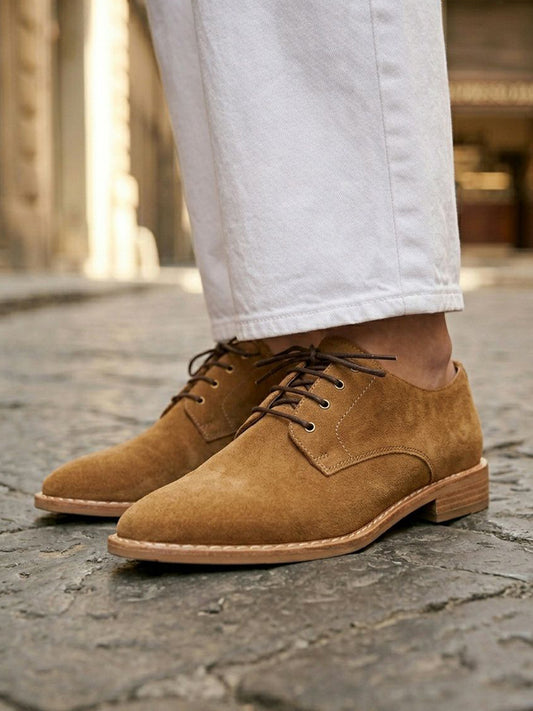 Point Toe Derbys in Brown Vegan Suede, toe detail