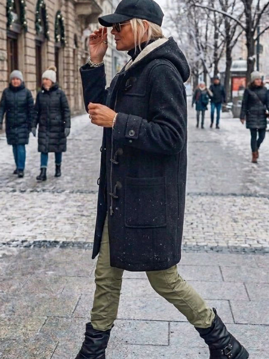 Vegan Wool Duffle Coat with Recycled Vegan Shearling in Black & Cream