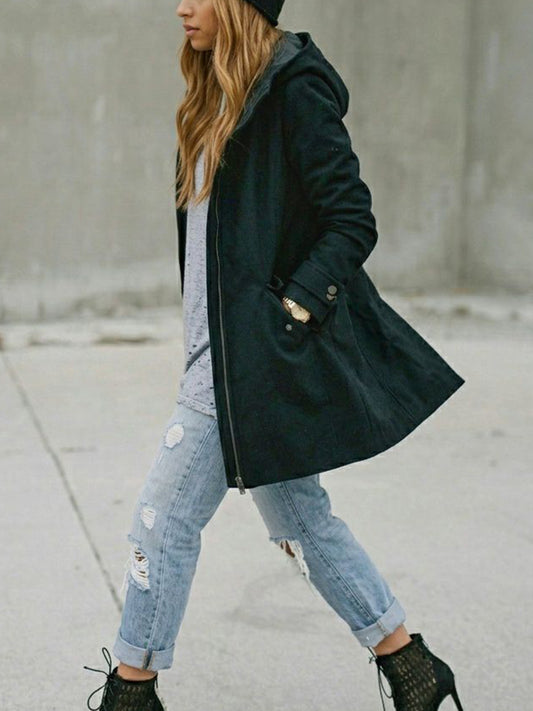 Vegan Wool Hooded Coat in Black