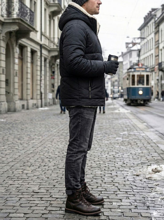 Recycled Vegan Shearling Puffer in Black