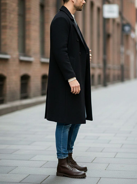 Double Breasted Vegan Wool Coat in Black