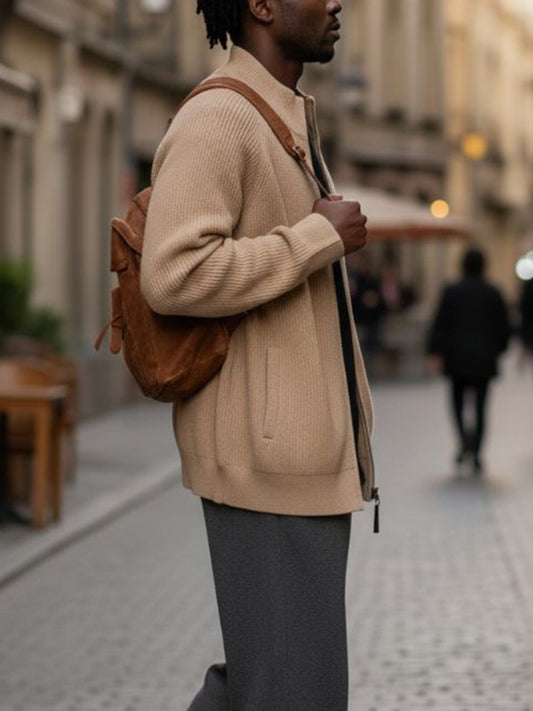 Full Zip Knitted Jacket in Tan