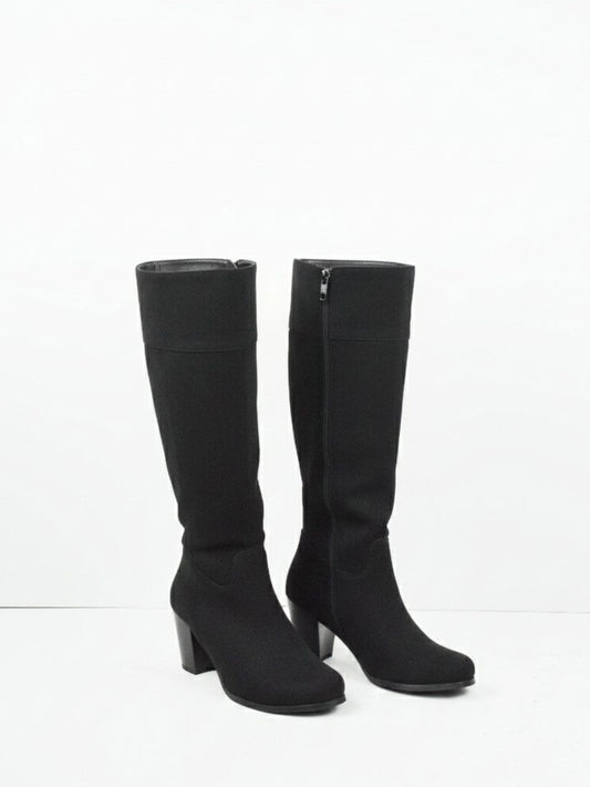 Heeled Knee High Boots in Black Vegan Suede, heel detail