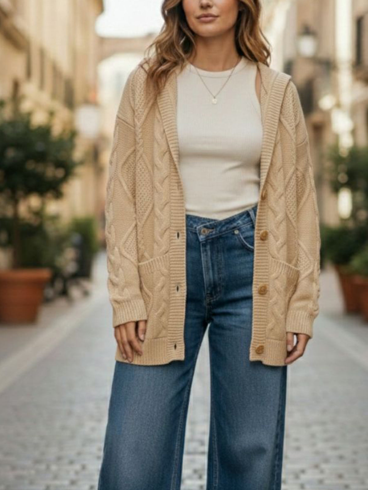 Hooded Button Up Knitted Cardigan in Tan