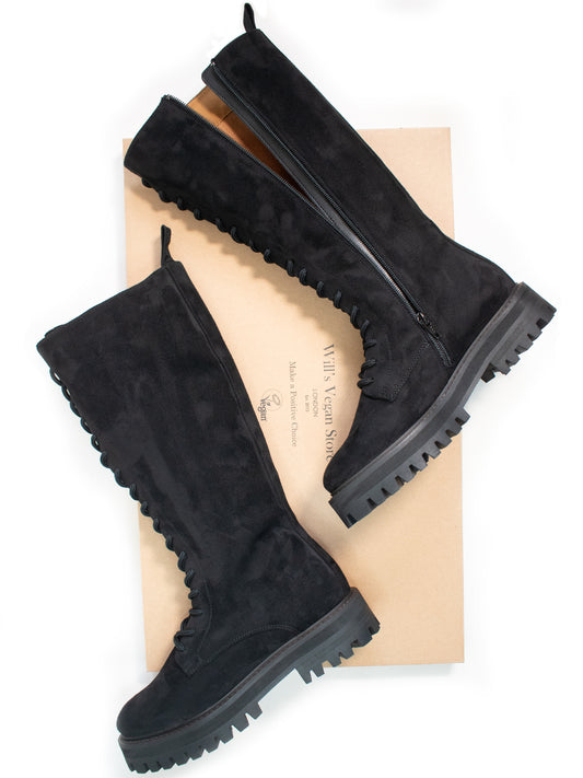 Lace-Up Vegan Suede High Boots in Black
