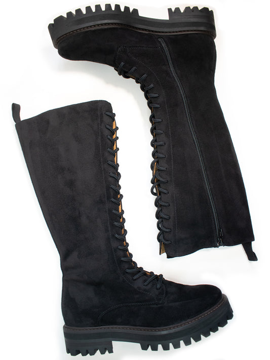 Lace-Up Vegan Suede High Boots in Black