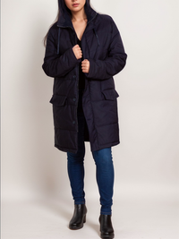 Recycled Quilted Parka in Navy Blue, on model