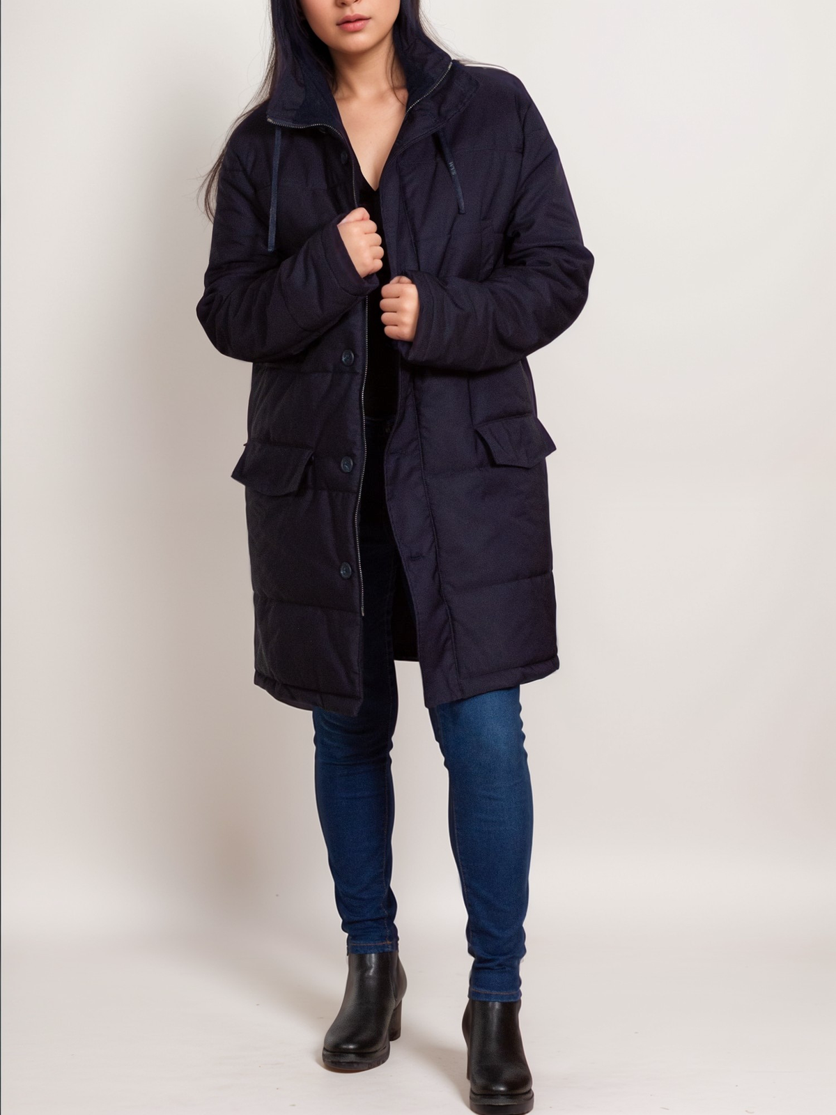 Recycled Quilted Parka in Navy Blue, on model