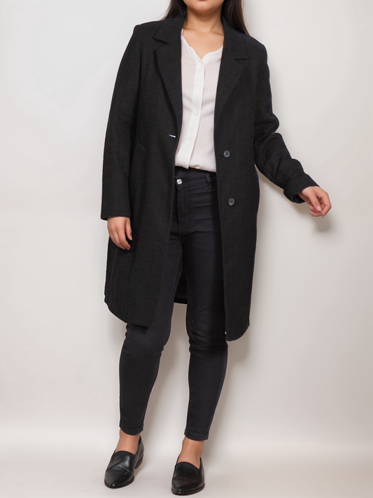 Structured Vegan Wool Coat in Black, on model