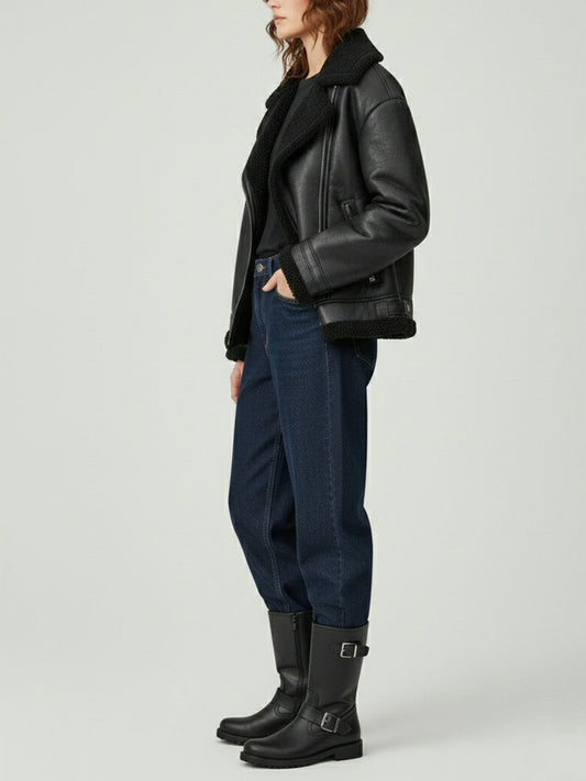 Oversized Recycled Vegan Shearling Aviator Jacket in Black Vegan Leather