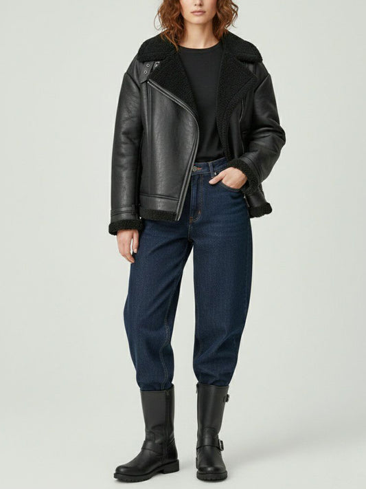 Oversized Recycled Vegan Shearling Aviator Jacket in Black Vegan Leather