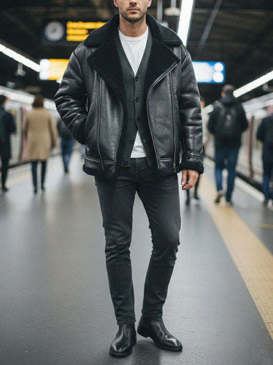 Oversized Recycled Vegan Shearling Aviator Jacket in Black Vegan Leather