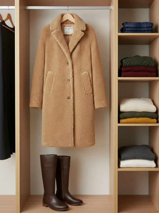 Recycled Teddy Coat in Tan Recycled Teddy