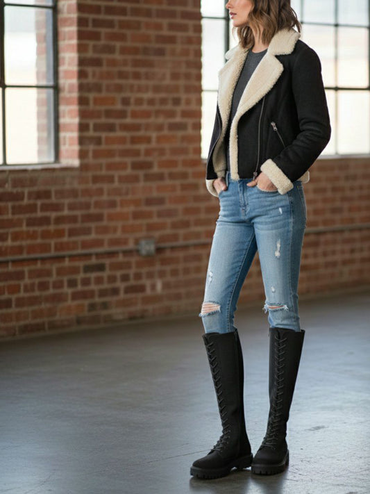 Recycled Vegan Shearling Moto Jacket in Black Vegan Suede