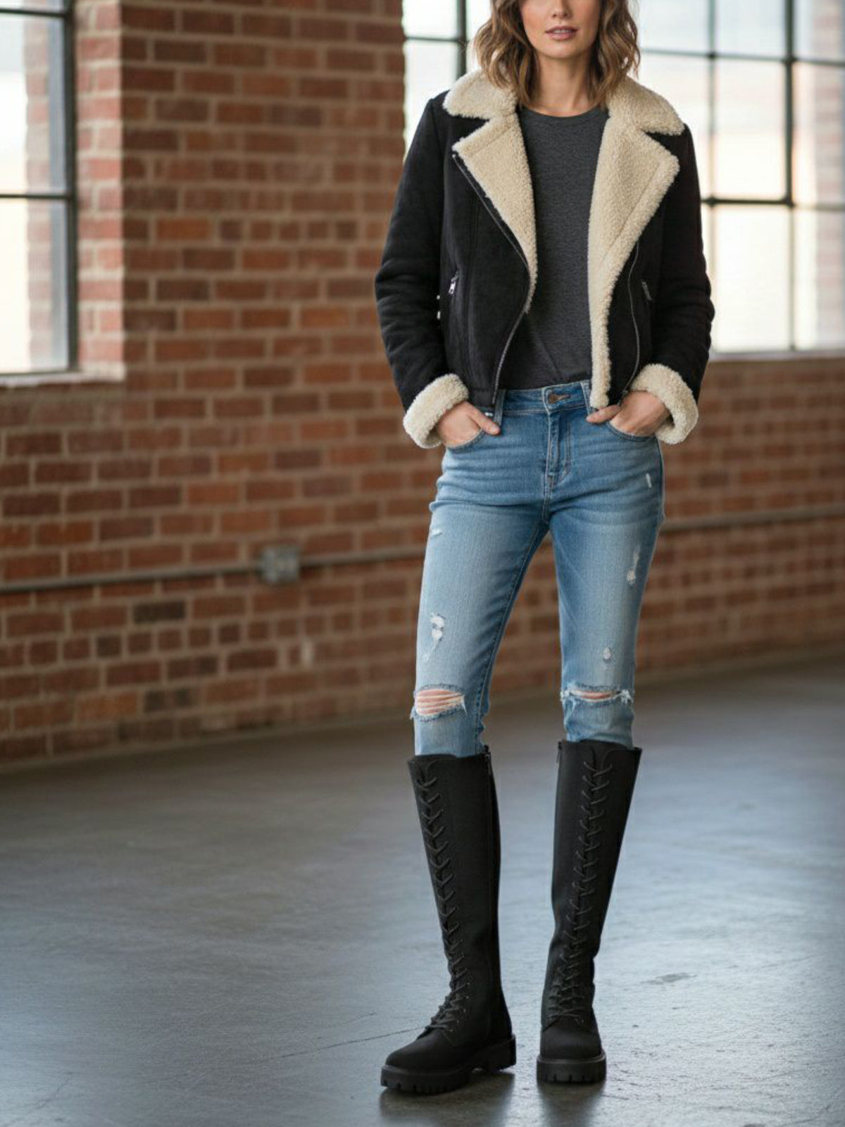 Recycled Vegan Shearling Moto Jacket in Black Vegan Suede