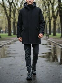 Vegan Wool Hooded Coat in Black