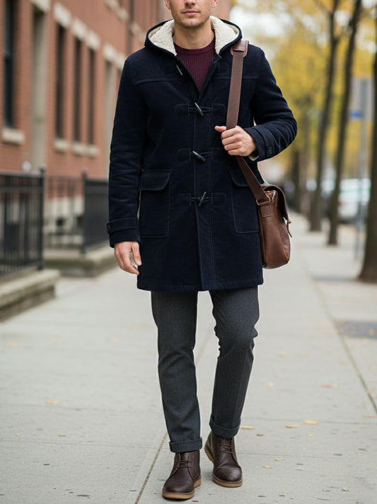 Vegan Wool Duffle Coat with Recycled Vegan Shearling in Black & Cream