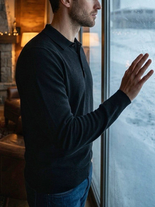 Recycled Long Sleeve Polo in Black Knit