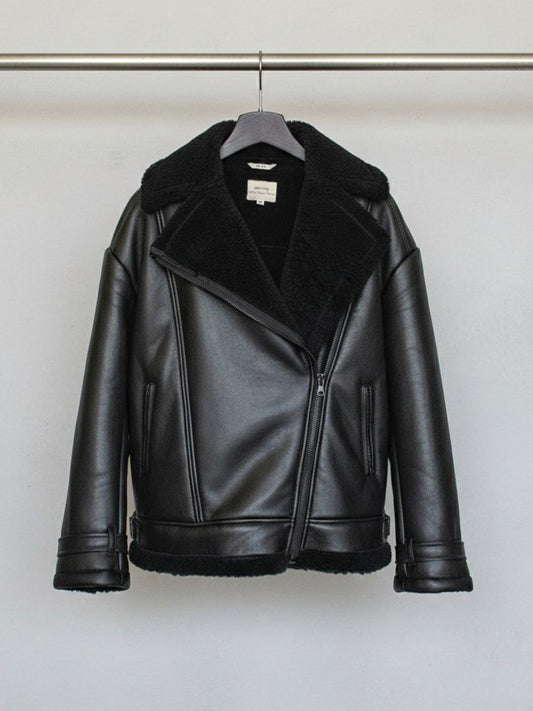 Oversized Recycled Vegan Shearling Aviator Jacket in Black Vegan Leather