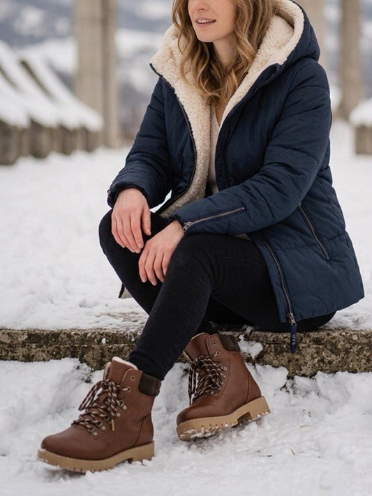 Recycled Vegan Shearling Puffer in Black & Cream