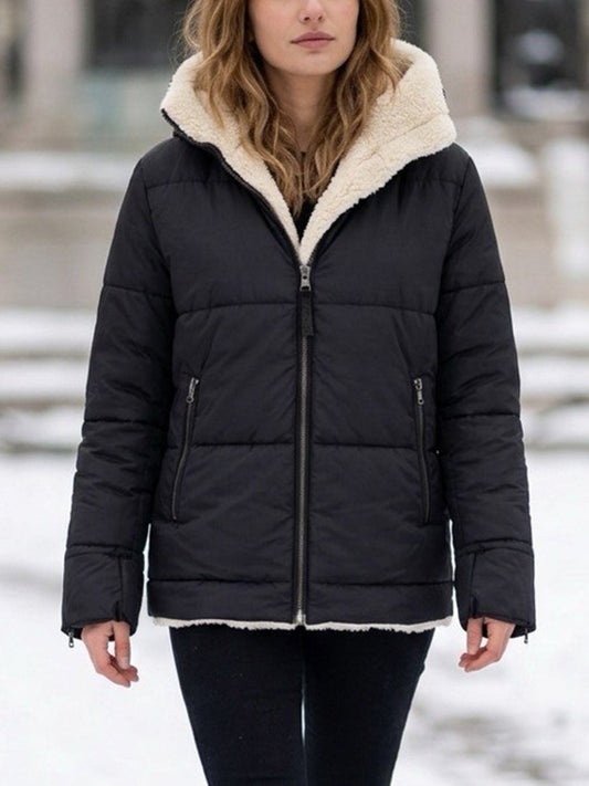 Recycled Vegan Shearling Puffer in Black & Cream