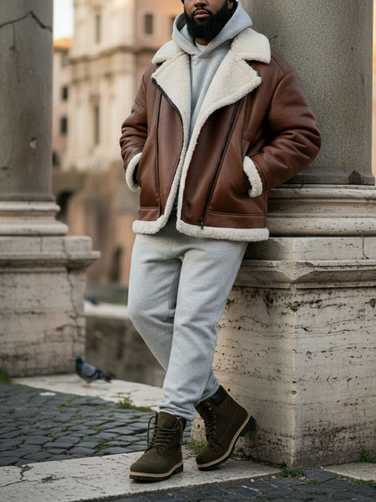 Oversized Recycled Vegan Shearling Aviator Jacket in Black Vegan Leather