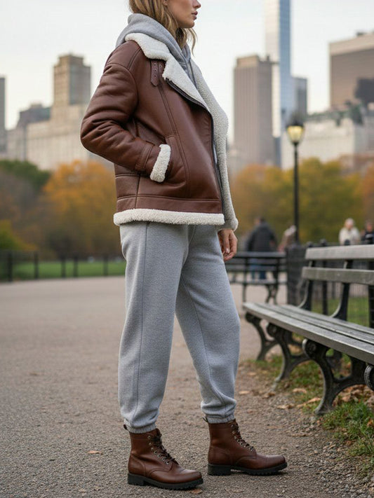 Oversized Recycled Vegan Shearling Aviator Jacket in Black Vegan Leather