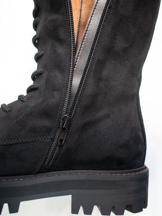 Lace-Up Vegan Suede High Boots in Black