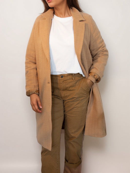 Structured Vegan Wool Coat in Black, on model