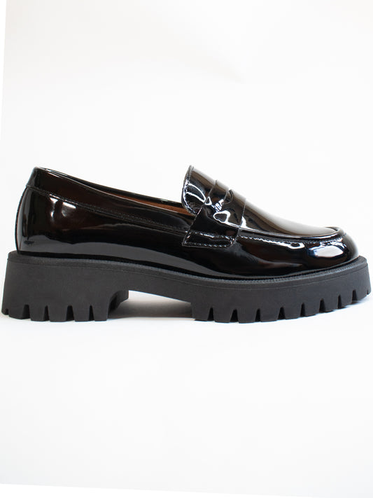 Track Sole Penny Loafers in Patent Black