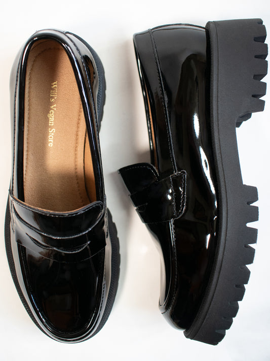 Track Sole Penny Loafers in Patent Black