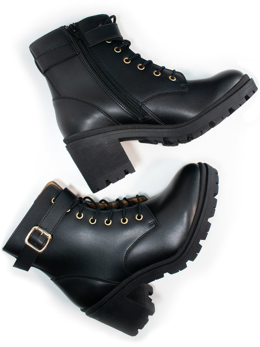 Lace Up Track Sole Booties in Black