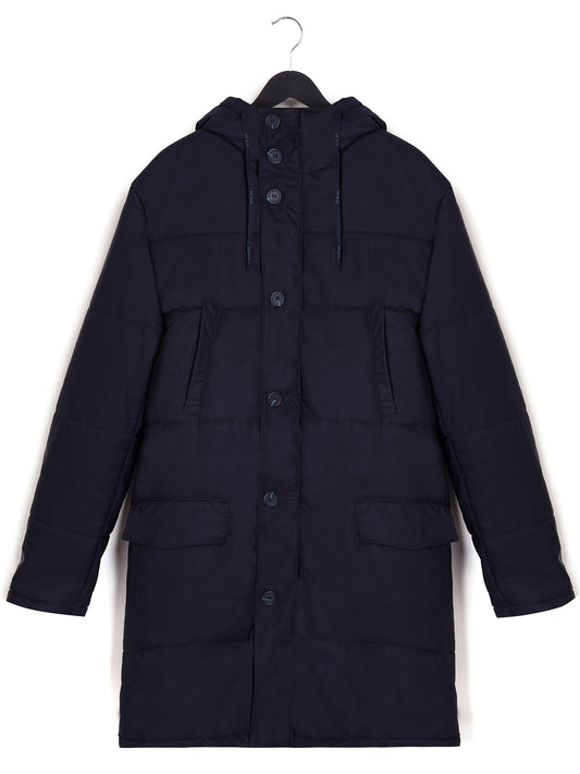 Recycled Quilted Parka in Navy Blue, on model