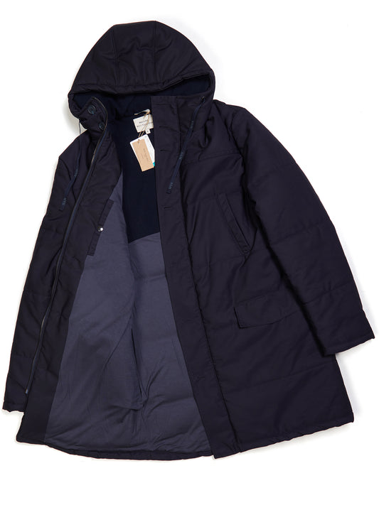Recycled Quilted Parka in Navy Blue, on model