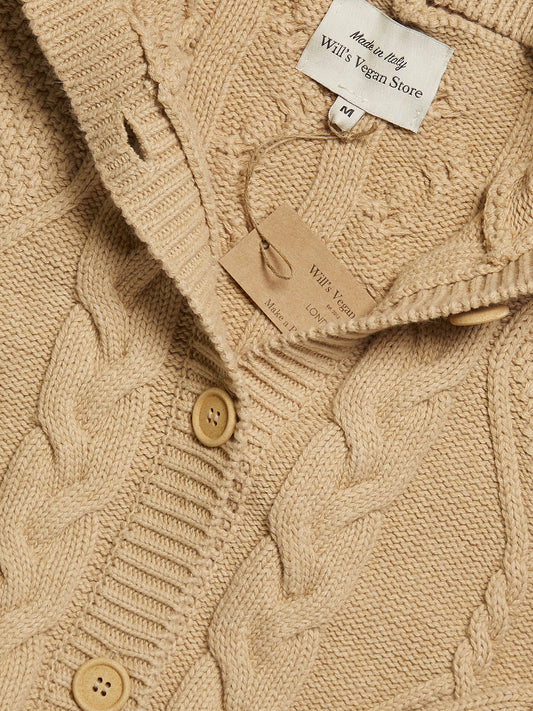 Hooded Button Up Knitted Cardigan in Tan