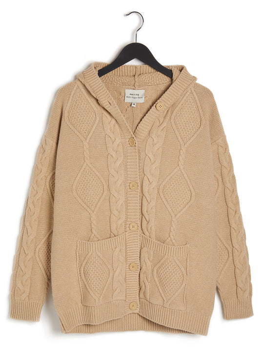 Hooded Button Up Knitted Cardigan in Tan