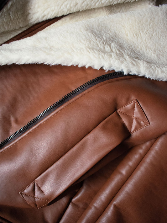 Oversized Recycled Vegan Shearling Aviator Jacket in Black Vegan Leather