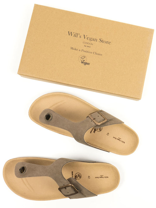 Toe Peg Footbed Sandals in Taupe Vegan Suede, toe detail