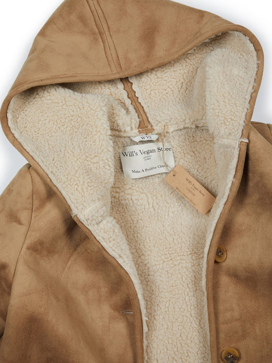 Recycled Vegan Shearling Coat in Tan Recycled Vegan Shearling