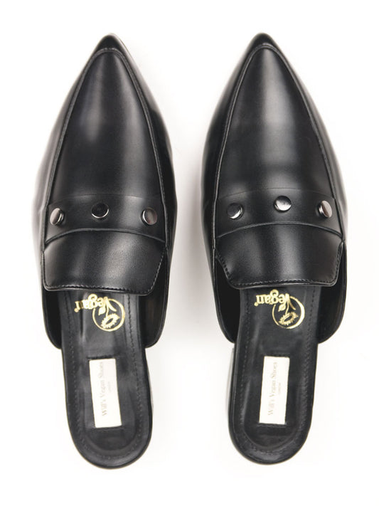 Open Heel Slippers in Black, heel detail
