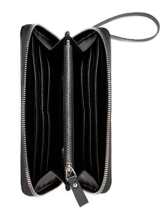 Large Zipper Wallet in Black Patent Mock Croc