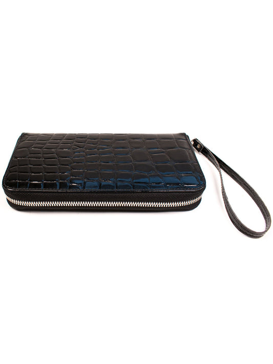 Large Zipper Wallet in Black Patent Mock Croc