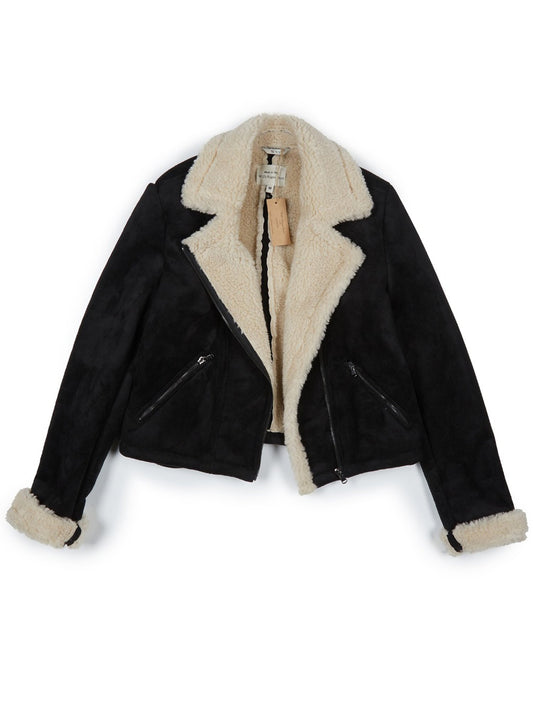 Recycled Vegan Shearling Moto Jacket in Black Vegan Suede