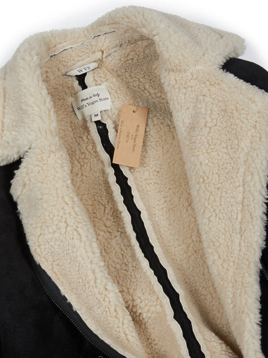 Recycled Vegan Shearling Moto Jacket in Black Vegan Suede
