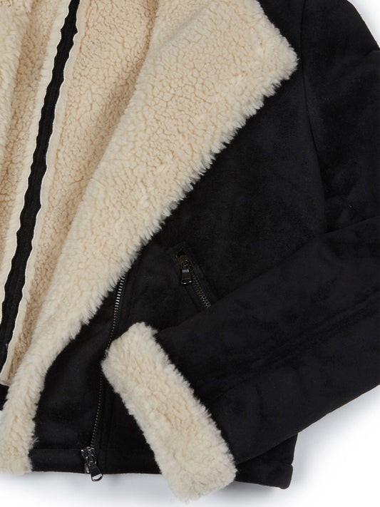Recycled Vegan Shearling Moto Jacket in Black Vegan Suede