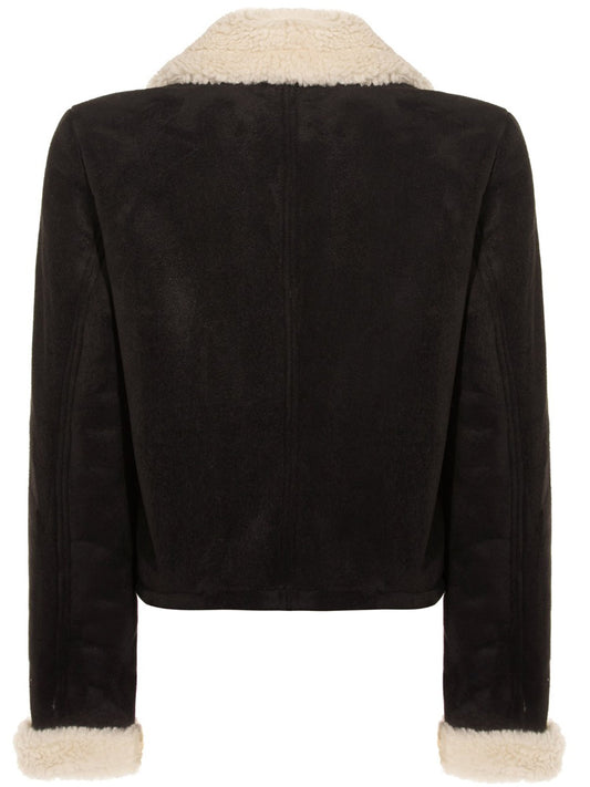 Recycled Vegan Shearling Moto Jacket in Black Vegan Suede