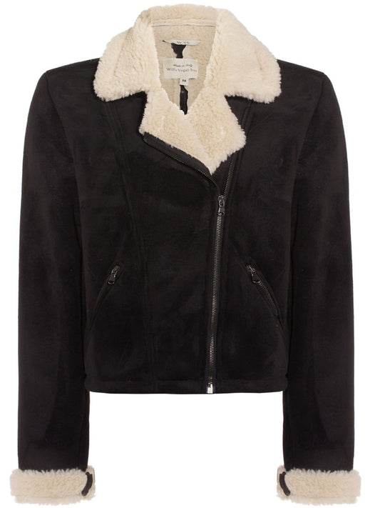 Recycled Vegan Shearling Moto Jacket in Black Vegan Suede