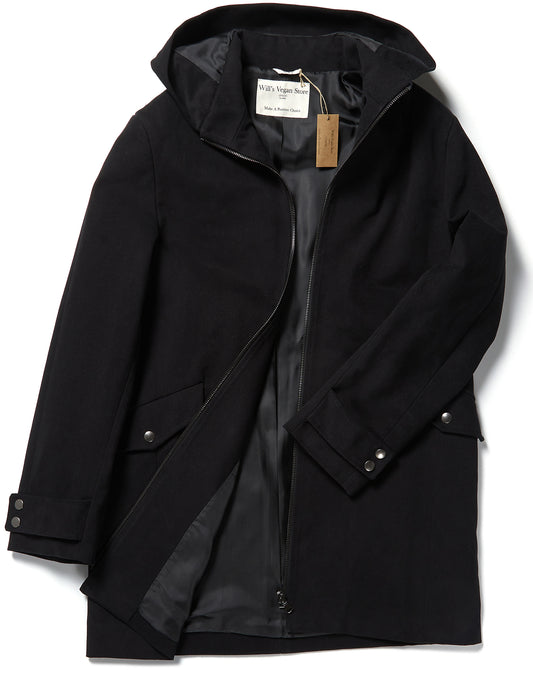 Vegan Wool Hooded Coat in Black