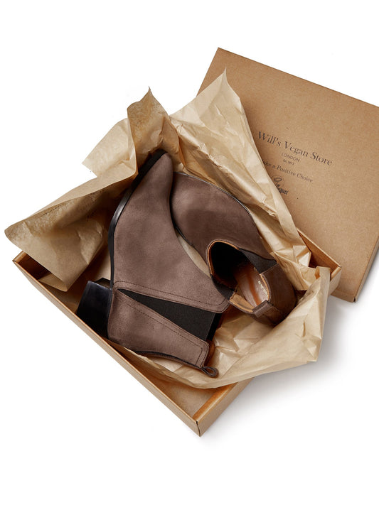 Point Toe Chelsea Boots in Taupe Vegan Suede, toe detail