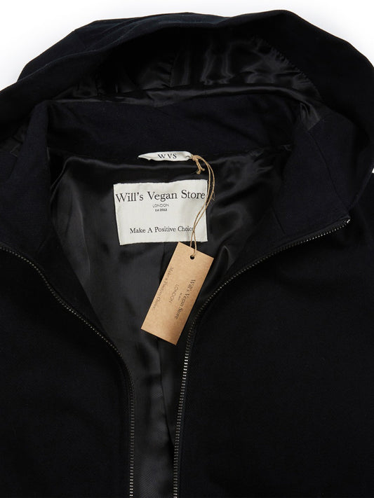 Vegan Wool Hooded Coat in Black